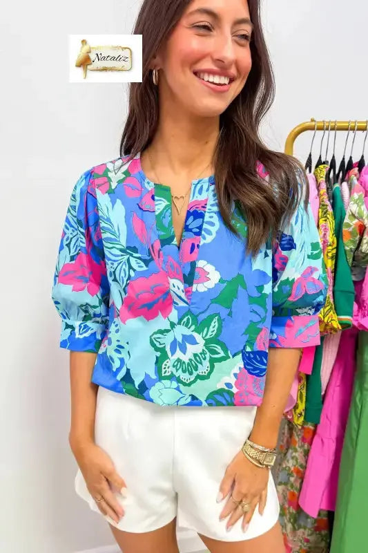 Sky Blue Floral Print V Neck Half Sleeve Blouse Nataliz
