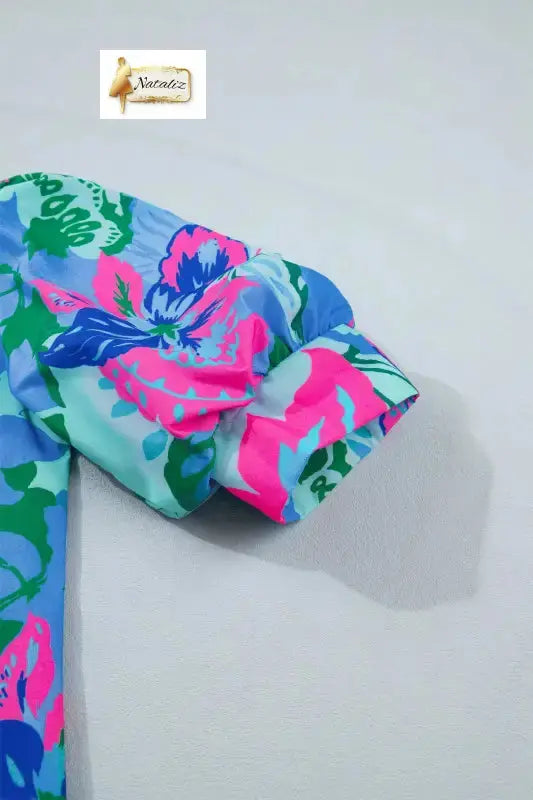 Sky Blue Floral Print V Neck Half Sleeve Blouse Nataliz