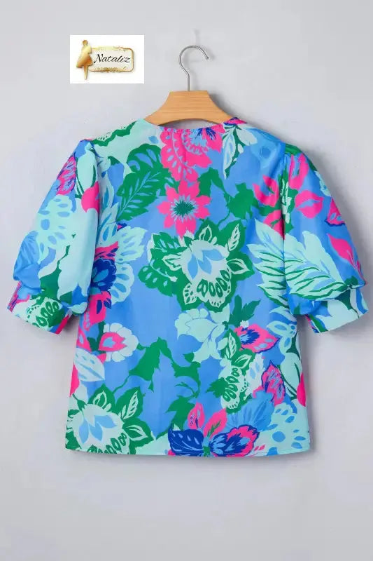 Sky Blue Floral Print V Neck Half Sleeve Blouse Nataliz