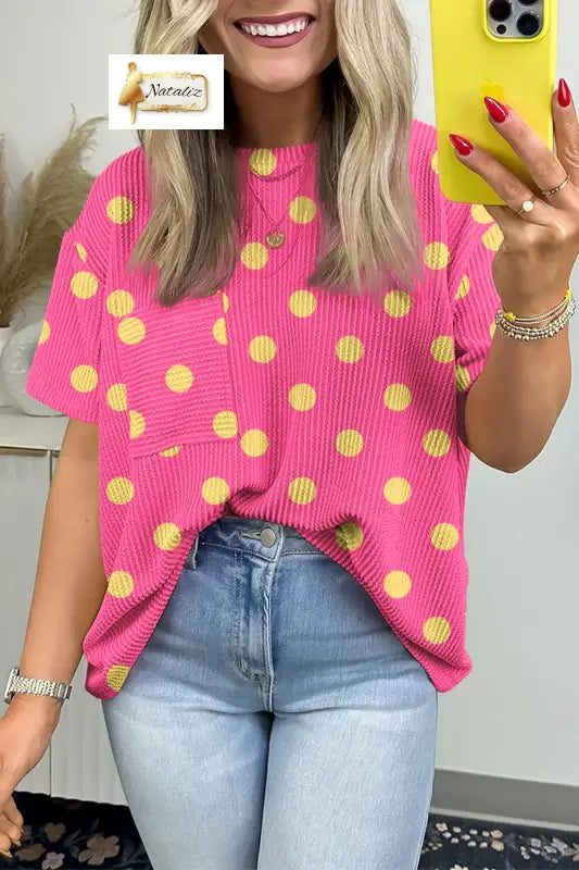 Sky Blue Polka Dot Round Neck Drop Shoulder Patch Pocket Jacquard Texture Top Dear-Lover Dropshipping