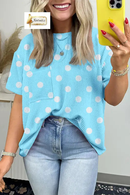 Sky Blue Polka Dot Round Neck Drop Shoulder Patch Pocket Jacquard Texture Top Dear-Lover Dropshipping