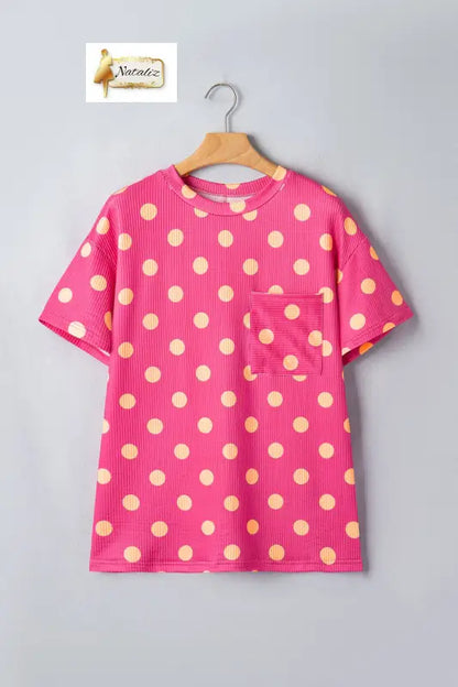 Sky Blue Polka Dot Round Neck Drop Shoulder Patch Pocket Jacquard Texture Top Dear-Lover Dropshipping