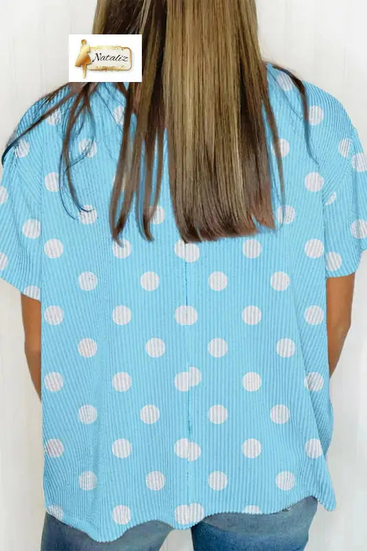 Sky Blue Polka Dot Round Neck Drop Shoulder Patch Pocket Jacquard Texture Top Dear-Lover Dropshipping