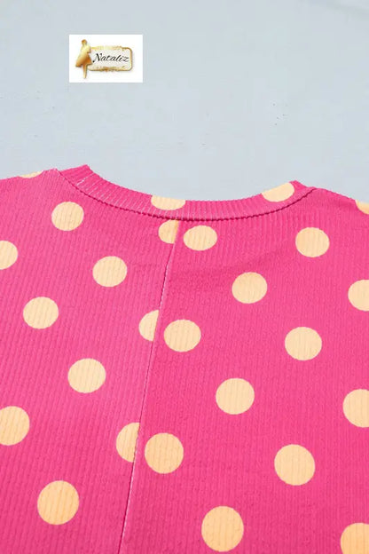 Sky Blue Polka Dot Round Neck Drop Shoulder Patch Pocket Jacquard Texture Top Nataliz