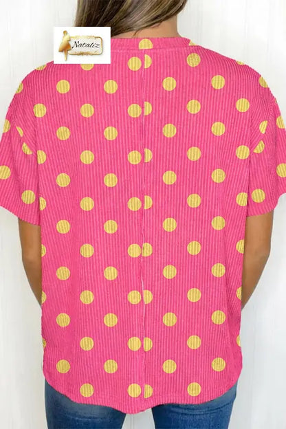 Sky Blue Polka Dot Round Neck Drop Shoulder Patch Pocket Jacquard Texture Top Dear-Lover Dropshipping
