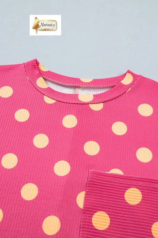 Sky Blue Polka Dot Round Neck Drop Shoulder Patch Pocket Jacquard Texture Top Nataliz