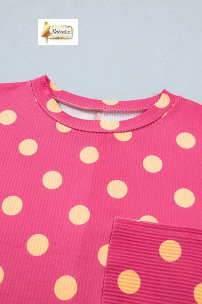 Sky Blue Polka Dot Round Neck Drop Shoulder Patch Pocket Jacquard Texture Top Nataliz