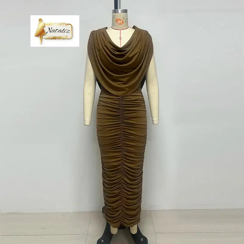 Sleeveless Draped Cowl Neck Bodycon Evening  Maxi Dress Nataliz