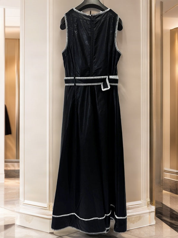 Contrast Whipstitch Belted Sleeveless Midi Dress hanging view · nz-bg-v1