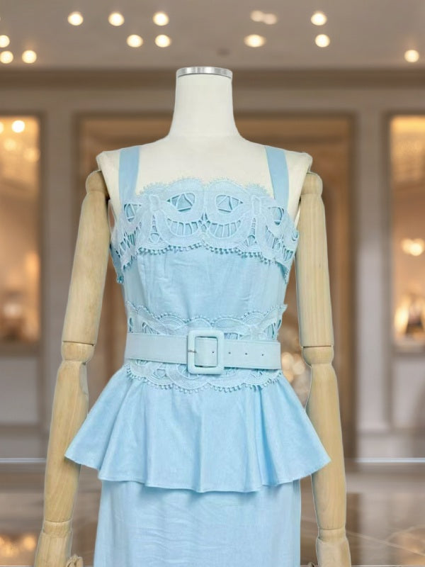 Belted Peplum Maxi Dress with Lace Cutwork Hem mannequin view · nz-bg-v1