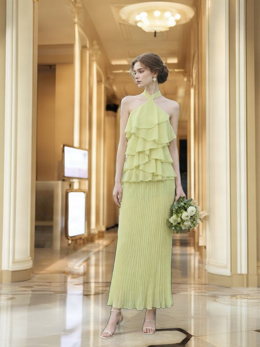 Tiered Ruffle Halter Neck Pleated Maxi Dress model front view · nz-bg-v1