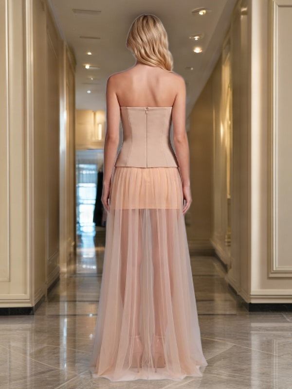 Strapless Beaded Bodice Sheer Maxi Dress in Blush model back view · nz-bg-v1