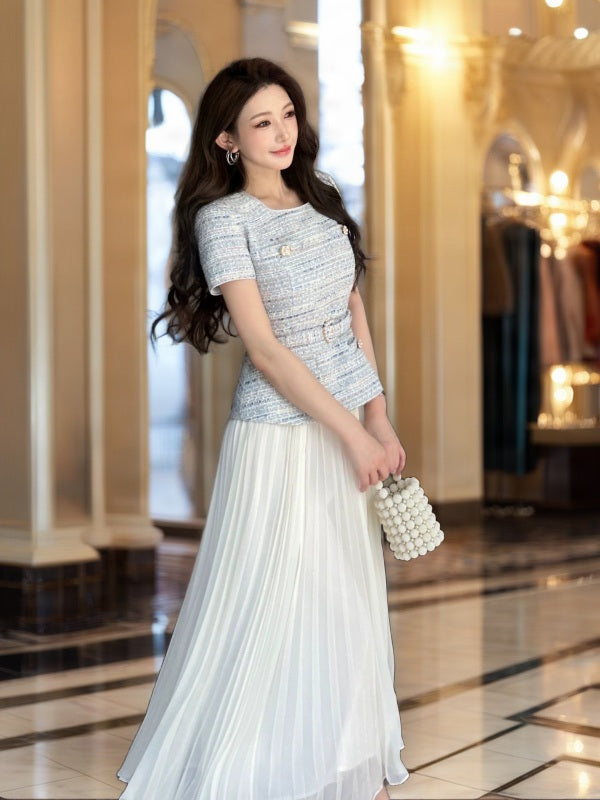 Belted Tweed Top & Pleated Maxi Skirt Set model front view · nz-bg-v1