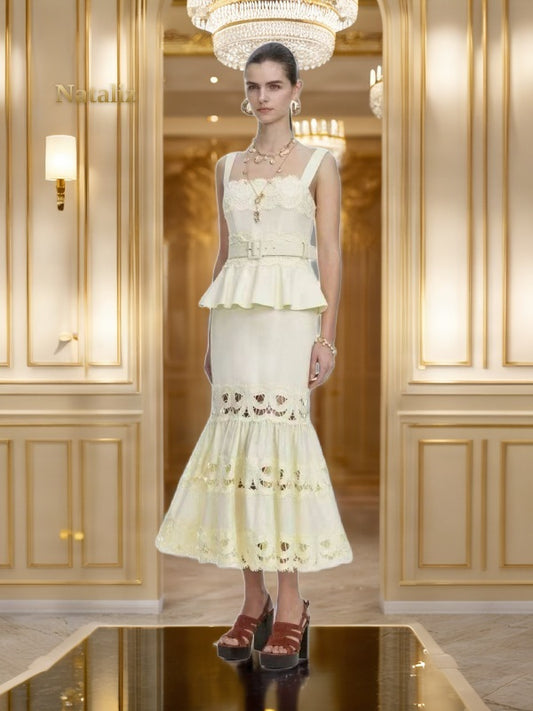 Belted Peplum Maxi Dress with Cutwork Hem model front view
