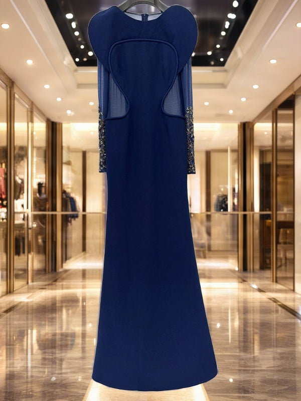 Navy Beaded Sheer-Sleeve Column Gown hanging view · nz-bg-v1