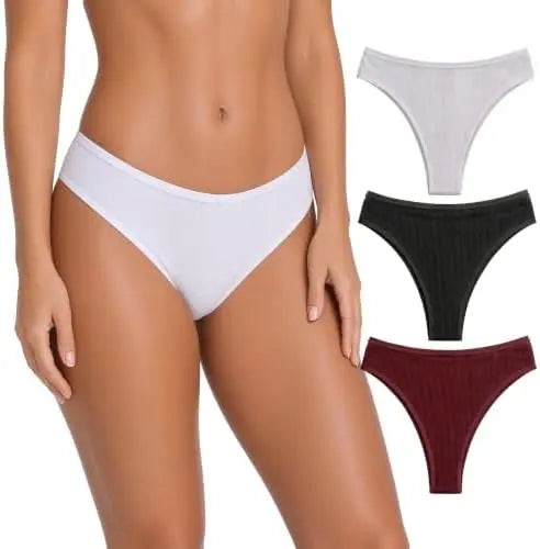 Nataliz Pack of 3 stretch cotton thong panties - white, black and maroon