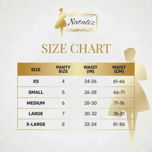 Nataliz thong size chart in inches and centimeters for XS to XL