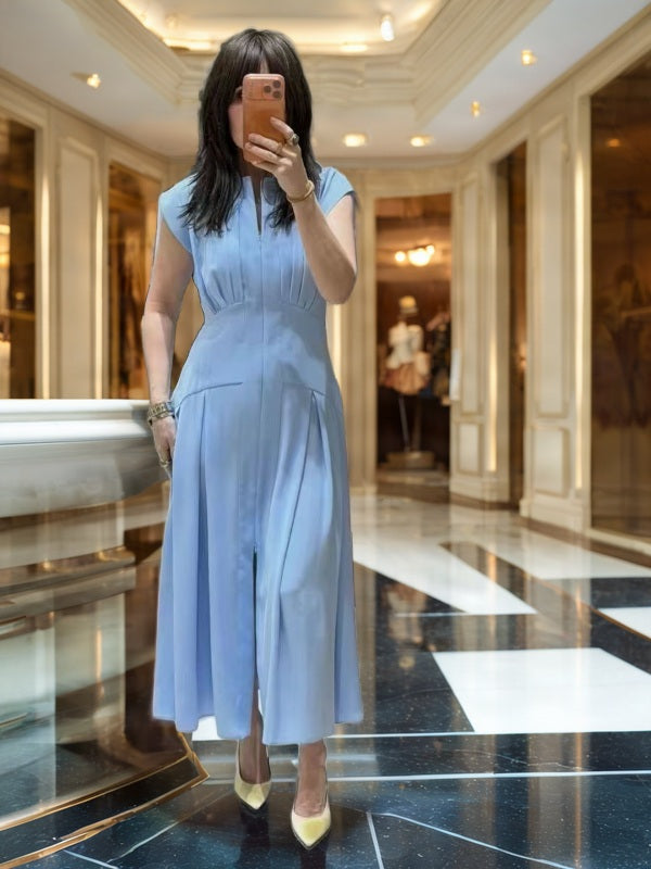 Pleated Cap Sleeve Maxi Shirt Dress model front view · nz-bg-v1