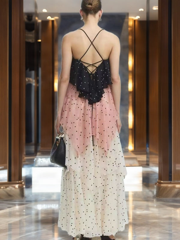 Tiered Polka Dot Maxi Dress in Black, Blush & Cream model back view · nz-bg-v1