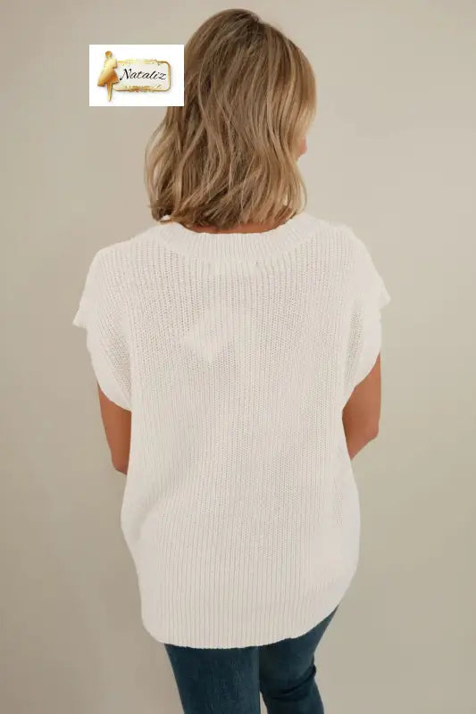Turquoise Crochet Horseshoe Short Sleeve Knit Sweater Nataliz