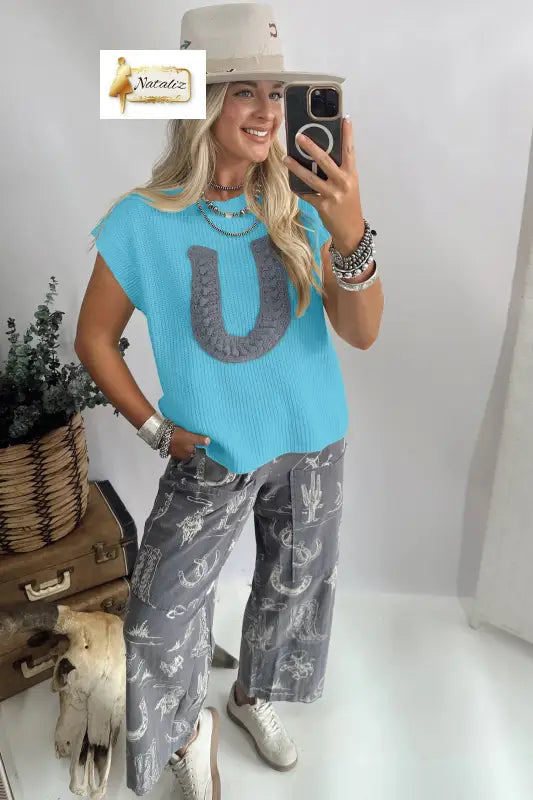 Turquoise Crochet Horseshoe Short Sleeve Knit Sweater Nataliz