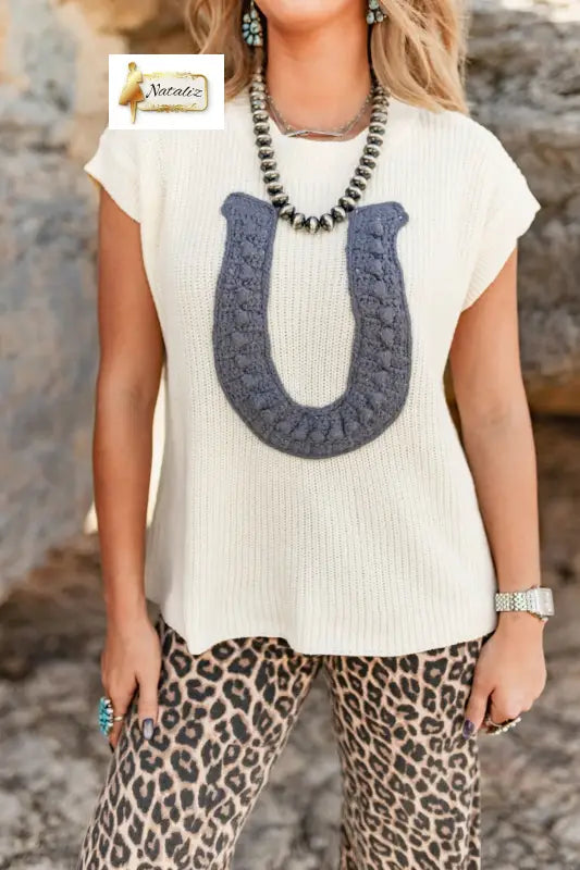 Turquoise Crochet Horseshoe Short Sleeve Knit Sweater Nataliz