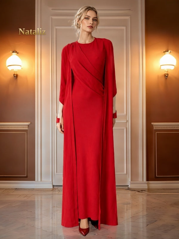 Draped Cape-Sleeve Maxi Dress in Red model front view
