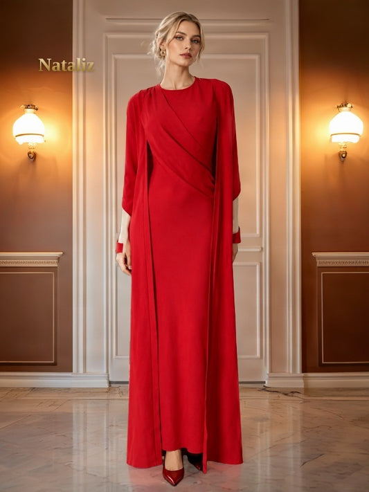 Draped Cape-Sleeve Maxi Dress in Red model front view