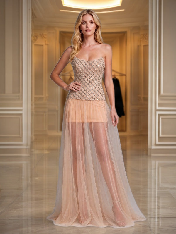 Strapless Beaded Bodice Sheer Maxi Dress in Blush model front view · nz-bg-v1
