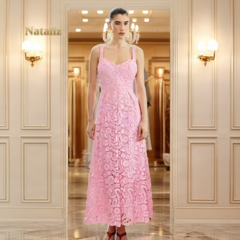 Scalloped Lace Midi Dress with Sweetheart Neckline model front view