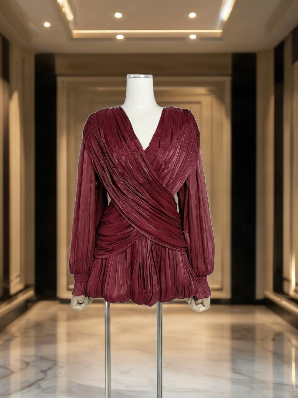 Draped Bubble Hem Mini Dress with Blouson Sleeves mannequin view · nz-bg-v1