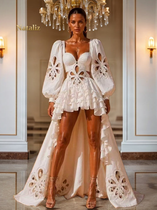Floral Cutwork High-Low Maxi Dress with Puff Sleeves model front view
