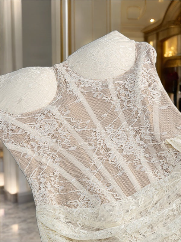 Strapless Sheer Lace Corset Maxi Gown with Draped Sash detail view · nz-bg-v1