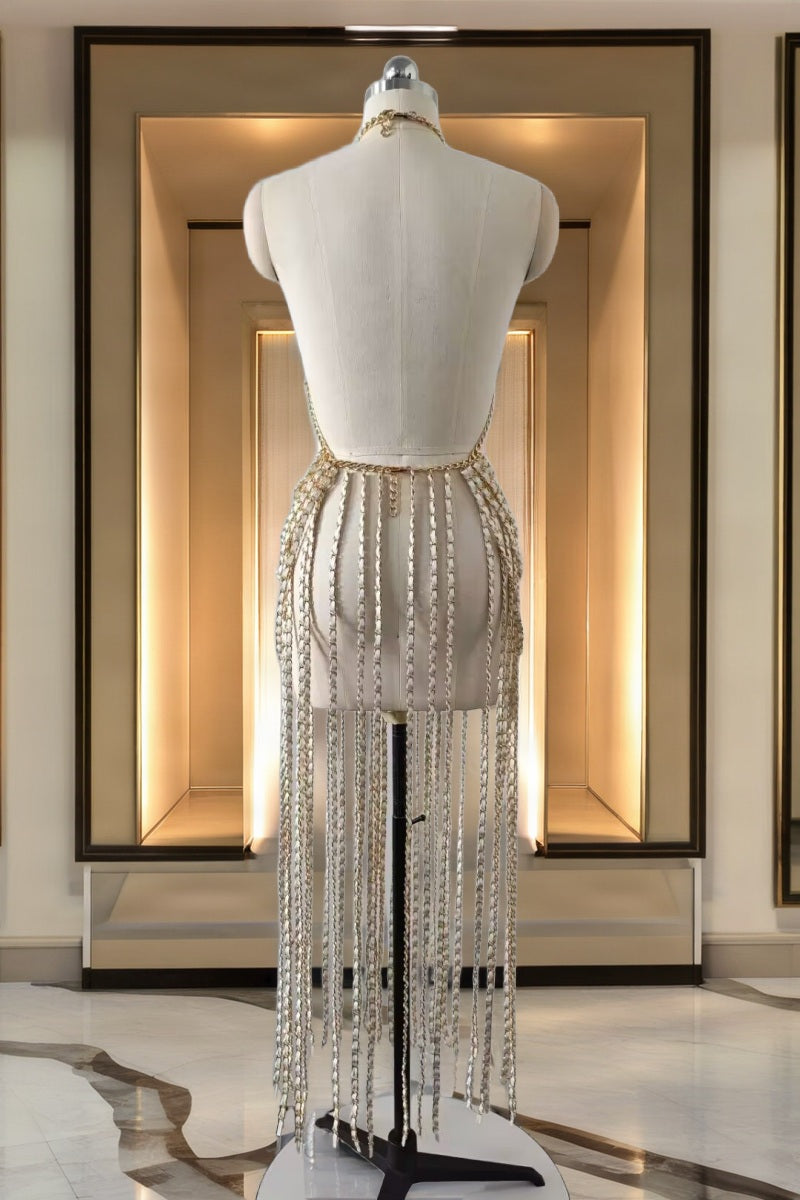 Gold Chain Fringe Halter Cut-Out Maxi Dress mannequin view · nz-bg-v1