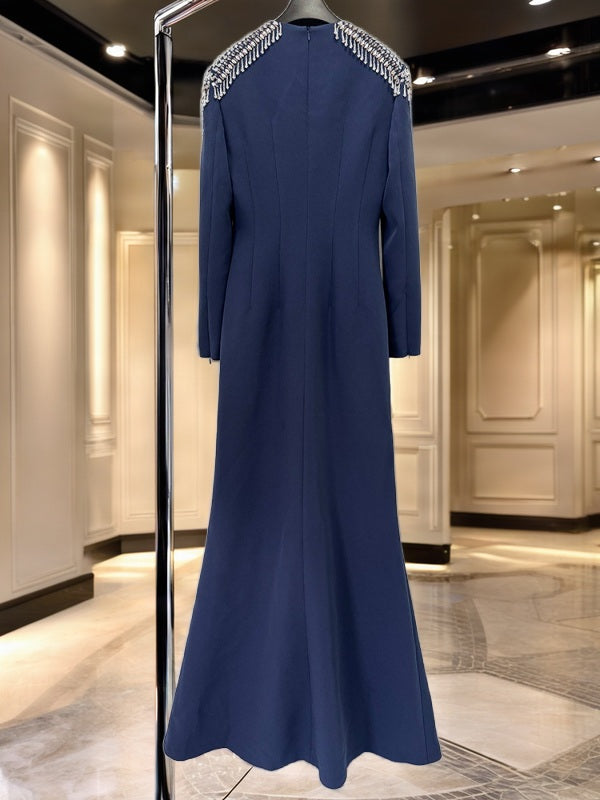 Crystal-Embellished Long Sleeve Navy Maxi Gown hanging view · nz-bg-v1