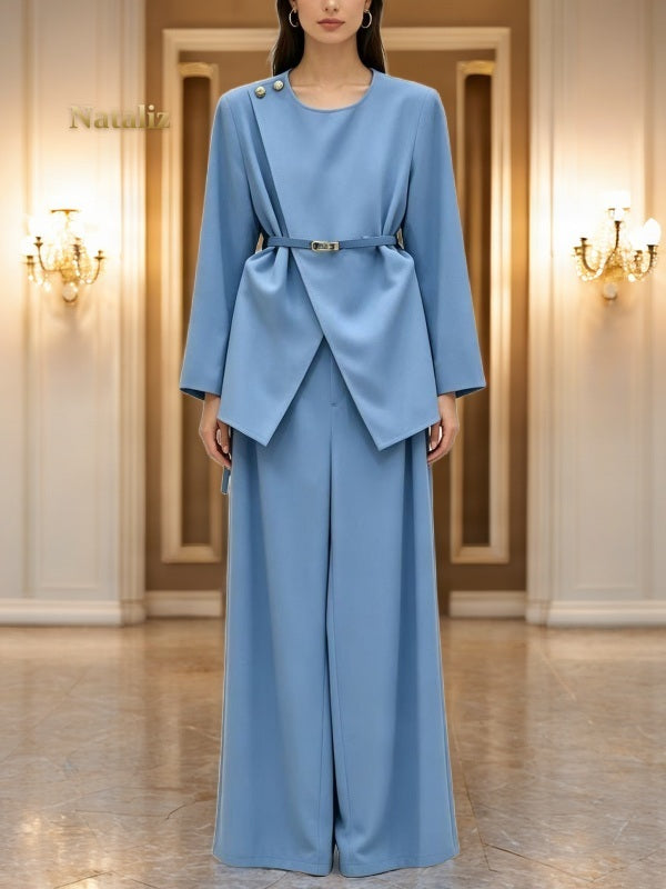 Belted Wrap-Front Top and Wide-Leg Trouser Set model front view · nz-alt-v1