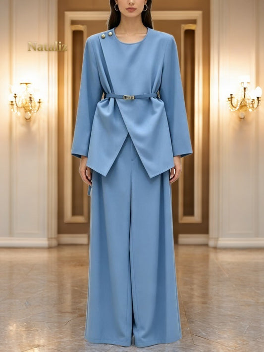 Belted Wrap-Front Top and Wide-Leg Trouser Set model front view