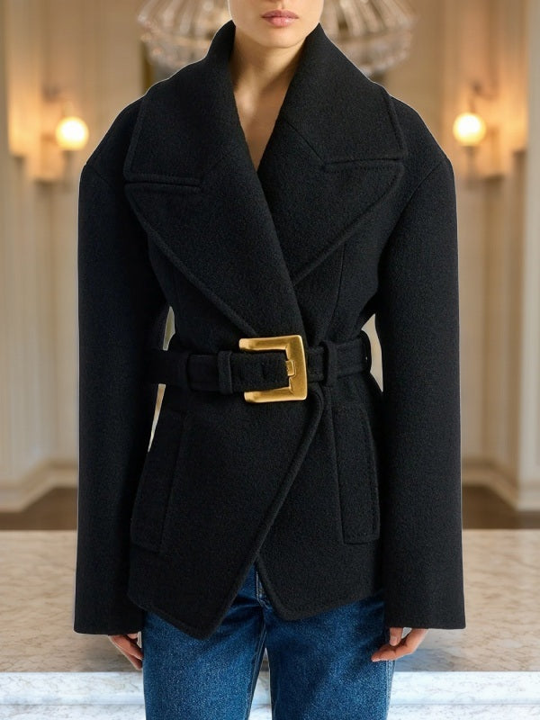Belted Wide-Lapel Short Coat in Black model front view
