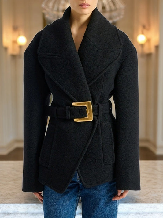 Belted Wide-Lapel Short Coat in Black model front view