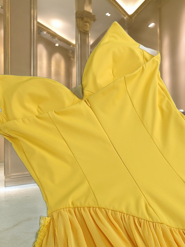 Strapless High-Low Tiered Gown in Sunshine Yellow detail view · nz-bg-v1
