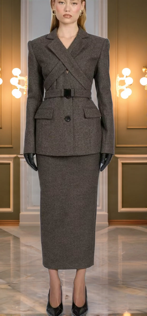 Belted Crossover Blazer and Midi Skirt Set model front view