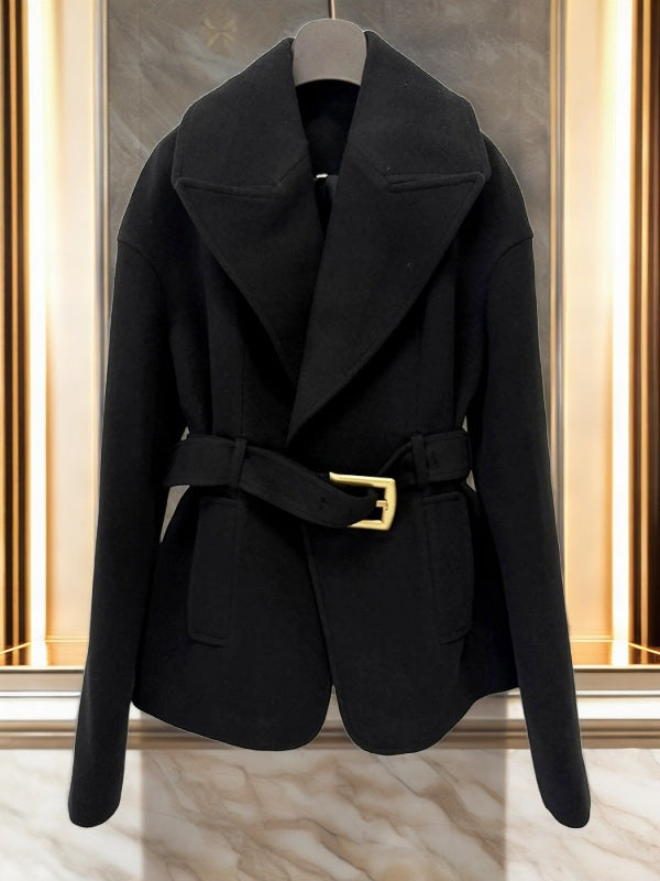 Belted Wide-Lapel Short Coat in Black hanging view · nz-bg-v1