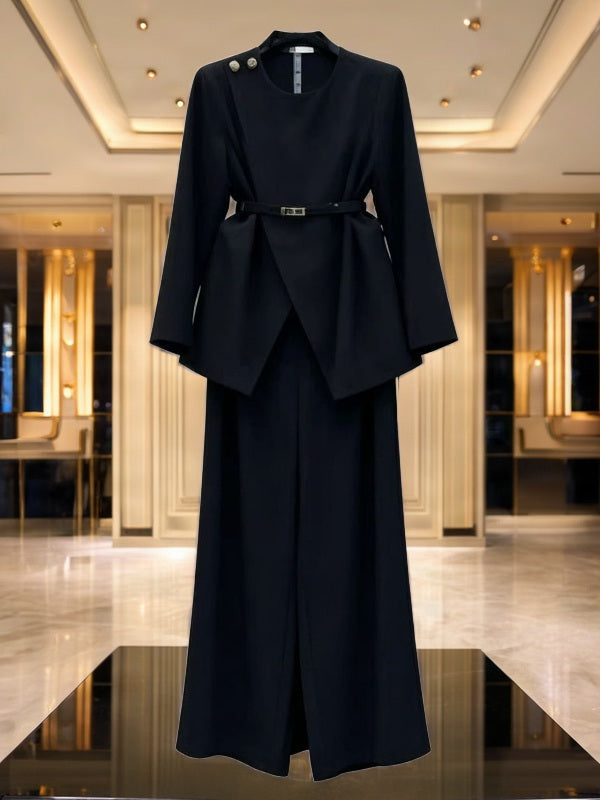 Belted Wrap-Front Top and Wide-Leg Trouser Set flat lay view · nz-bg-v1