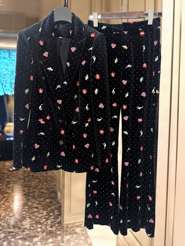 Embroidered Motif Velvet Blazer and Flared Trouser Set hanging view · nz-bg-v1