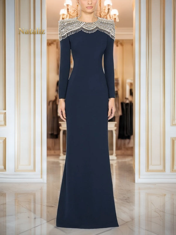 Crystal-Embellished Long Sleeve Navy Maxi Gown model front view · nz-alt-v1