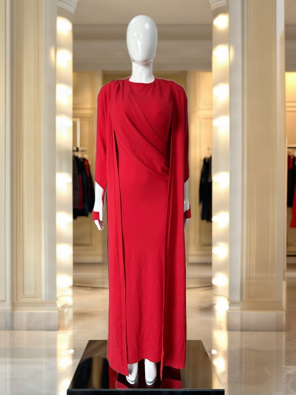 Draped Cape-Sleeve Maxi Dress in Red mannequin view · nz-bg-v1