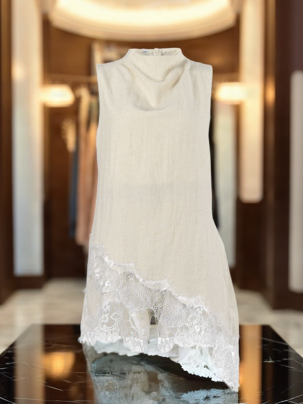 Draped Neck Sleeveless Top and Lace Trim Shorts Set flat lay view · nz-bg-v1