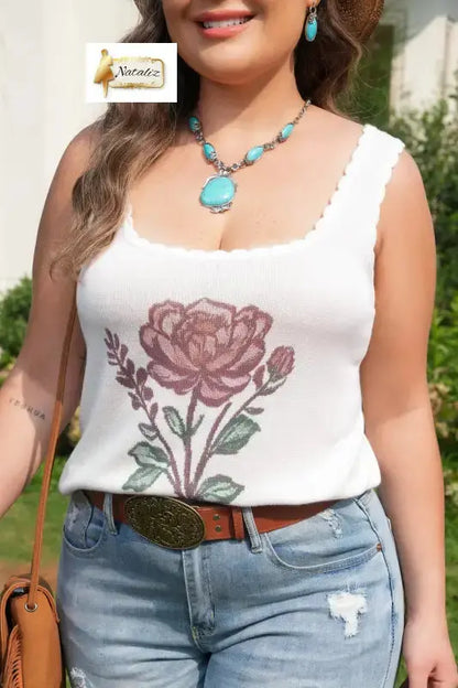 White Plus Size Floral Print Scalloped Trim Square Neck Sweater Vest Nataliz