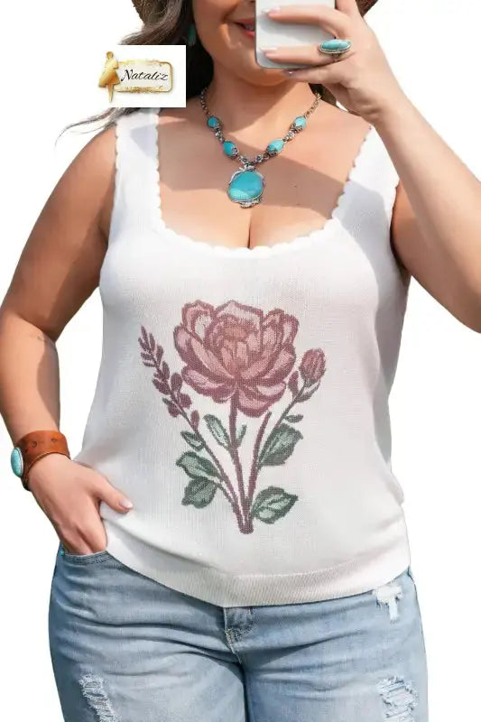 White Plus Size Floral Print Scalloped Trim Square Neck Sweater Vest Nataliz