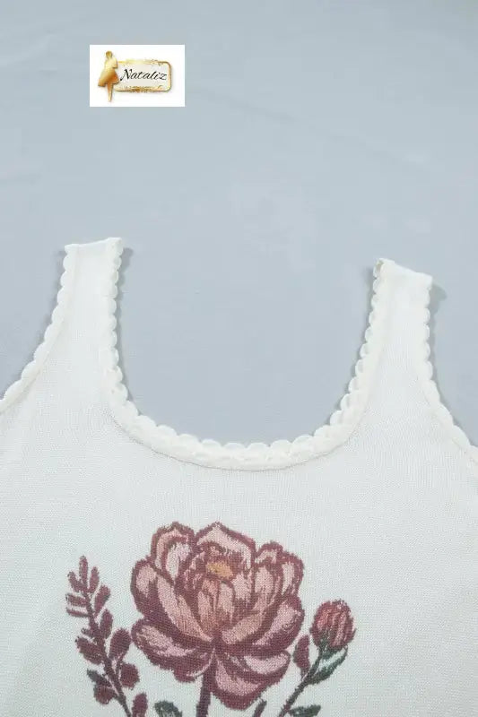 White Plus Size Floral Print Scalloped Trim Square Neck Sweater Vest Nataliz